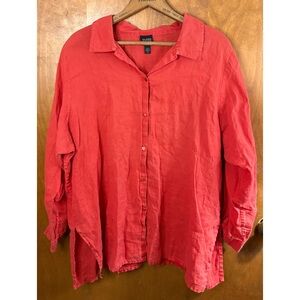 Eileen Fisher 100% Irish Linen Button Down Red Shirt Top 2X Boho Coastal Resort